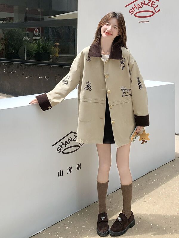2025秋季韩系撞色灯芯绒拼接翻领风衣外套女宽松复古减龄刺绣外套|undefined