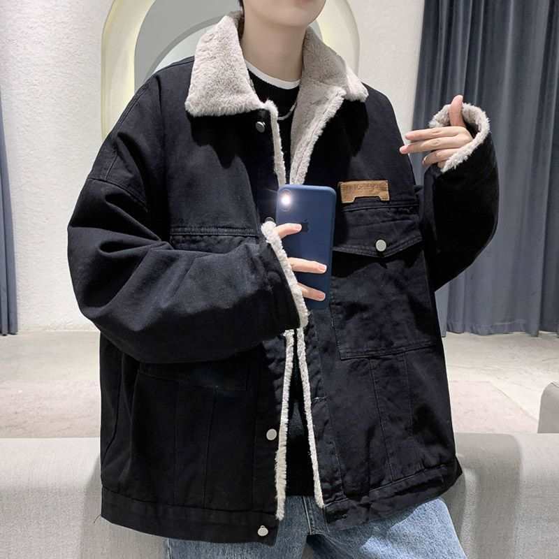 冬季新款羊羔毛棉衣男韩版潮流宽松獭兔毛棉服加绒牛仔夹克厚外套