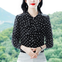 波点遮肉雪纺衫女长袖打底衫春秋冬上衣服法式荷叶边立领女士衬衫