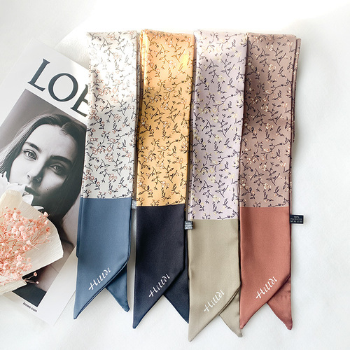 Narrow and Long Silk Scarf, French Retro Spring and Autumn Classic Small Flower Versatile Multifunctional Hairband Professional Small Collar Scarf
