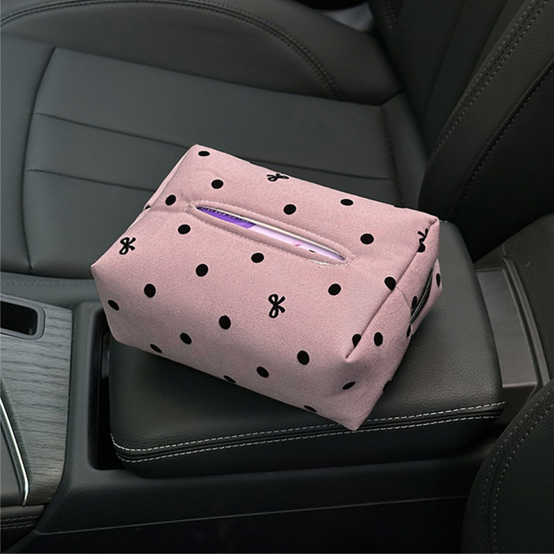 青い雨の車のティッシュの箱は簡単でファッション的な波点の車内の手すりの箱は紙の箱の蝶結びの車のティッシュの袋の女性を引き出します。|undefined