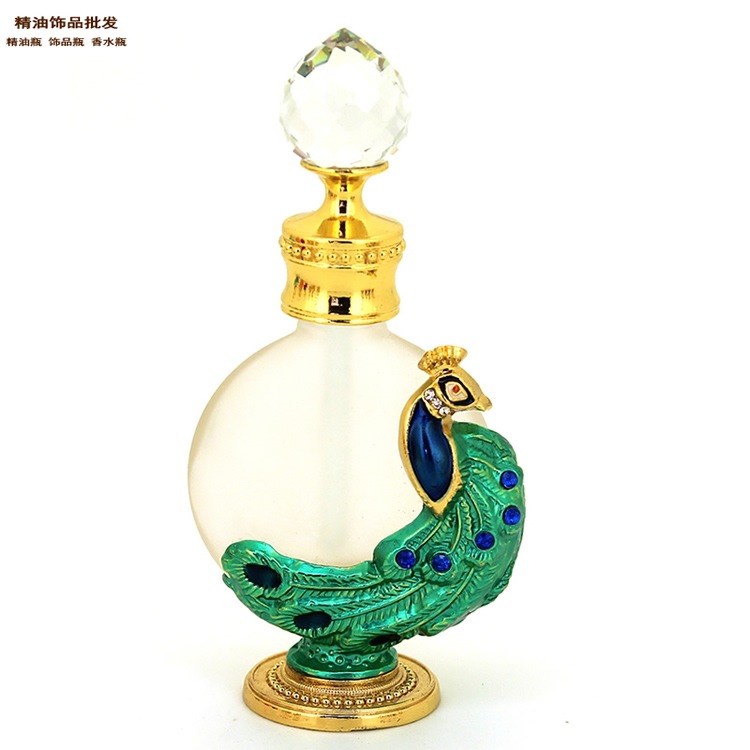 精油饰品网12ml小孔雀款粉绿色羽香水瓶蓝色油镶蓝色珠1.j