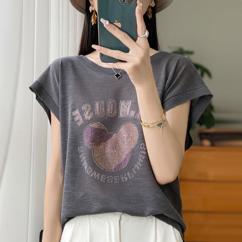 Women's Loose Fit Short Sleeve Round Neck T-Shirt with Beaded Decoration, Summer 2025, Thin Cotton, Casual and Versatile, Slimming