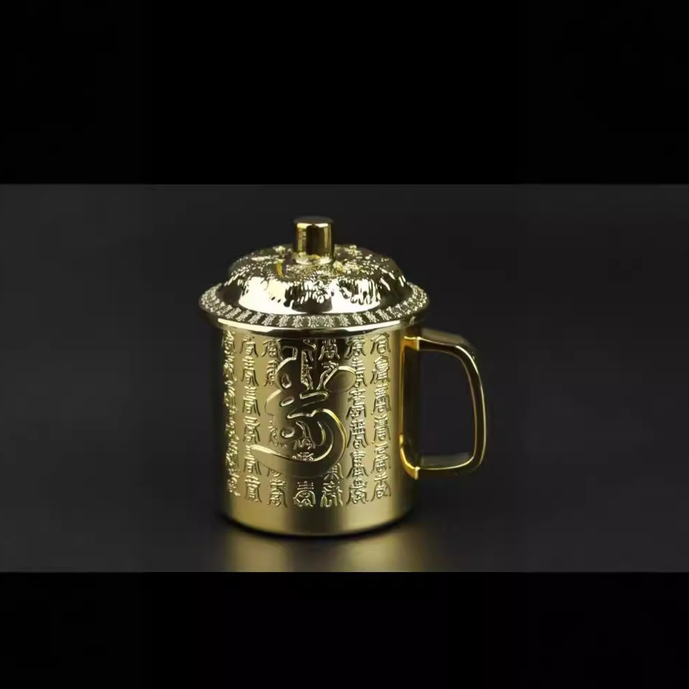 中式精雕龙凤呈祥黄铜茶缸大号加厚百福寿茶杯高档工艺品一件代发