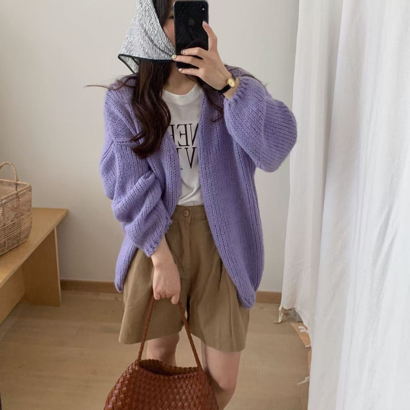 韩系马海毛针织开衫女士秋季新款时尚休闲休闲粗线简约风毛衣外套|undefined