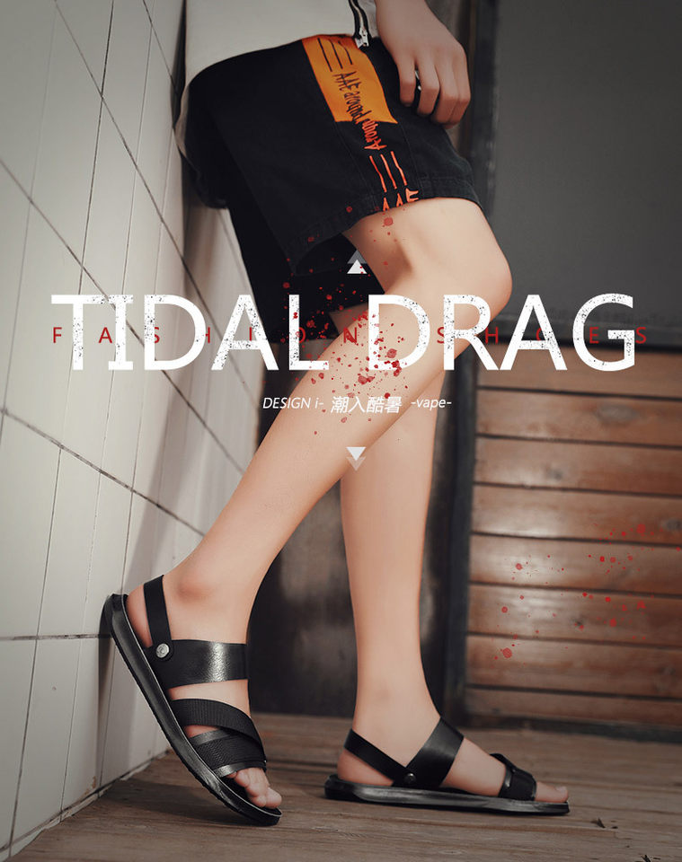 Dép sandal nam quai ngang hở ngón da PU chống trơn trượt, đế mềm thoáng khí đi biển mùa hè — Đen toàn bộ, Đen trắng chi tiết 2