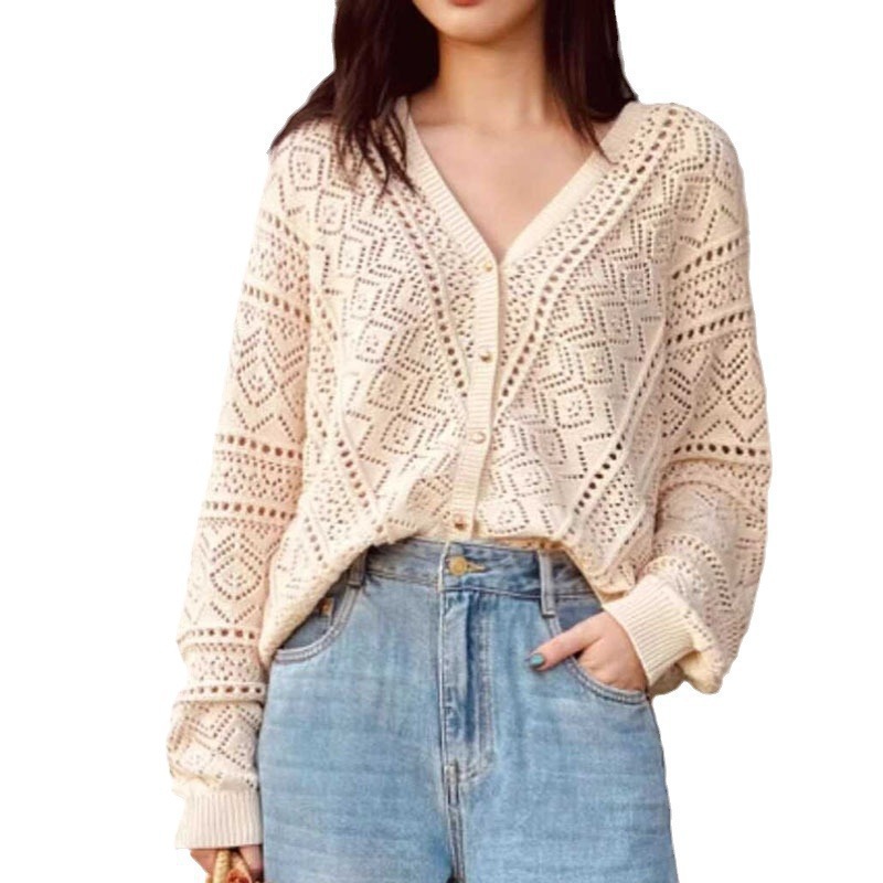 Lujo ligero francés bohemio perezoso chaqueta de viento V-collar gancho flor agujerado jersey cardigan aire acondicionado camisa mujer image 7