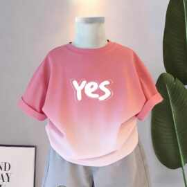 儿童渐变色短袖圆领T恤跨境时尚洋气女童夏季衣服宽松纯棉童装潮