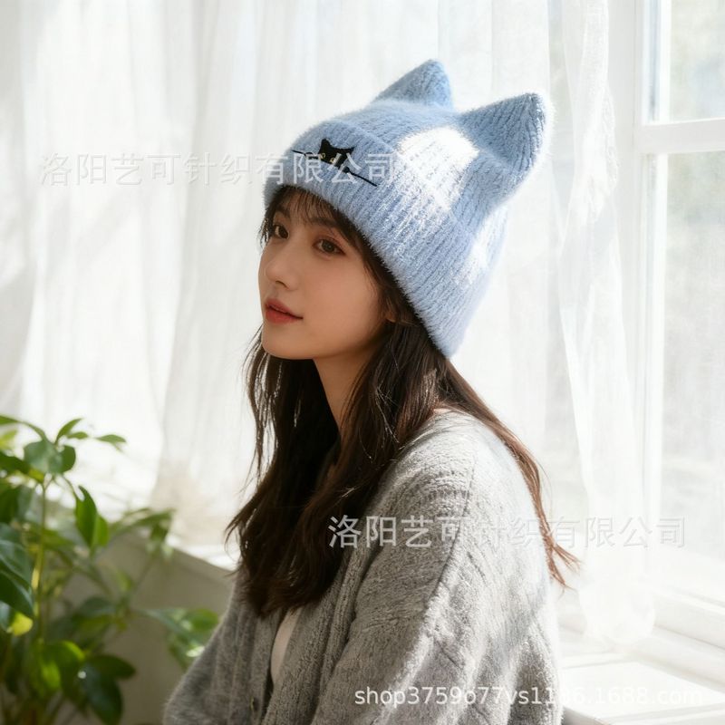 跨境新款猫咪耳朵针织帽刺绣毛线帽可爱秋冬保暖套头帽子外贸冷帽|undefined