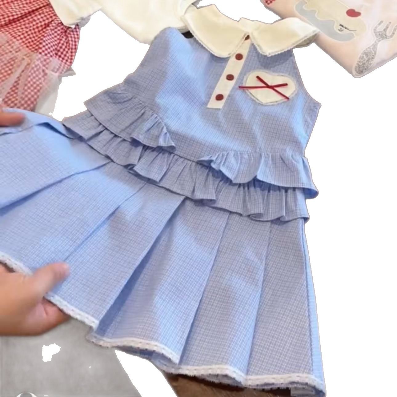 Qian Qi ropa infantil vestidos de niñas lindos verano 25 nuevos dulces bebés chalecos a cuadros azul claro