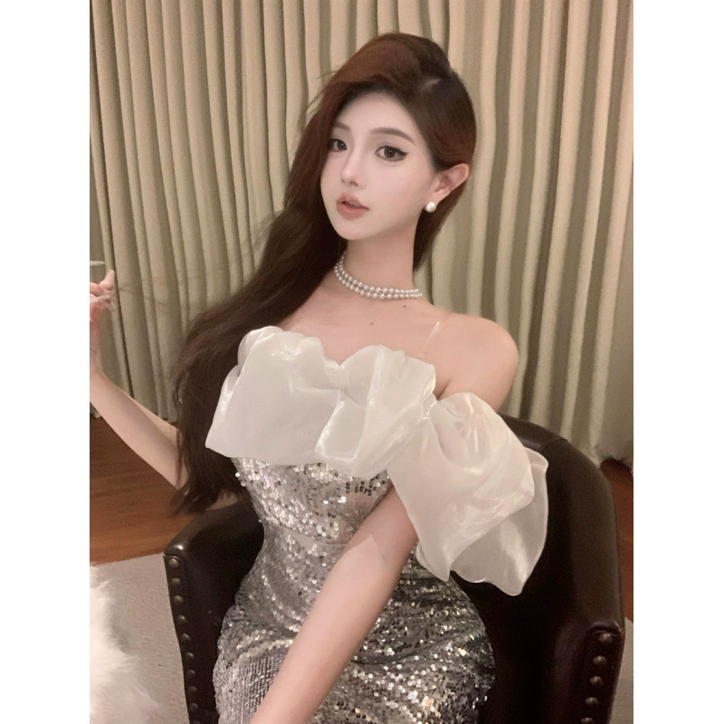 Вечернее платье с пайетками на одно плечо, элегантное платье для помолвки, элегантное сверкающее платье для ведущего ежегодного собрания