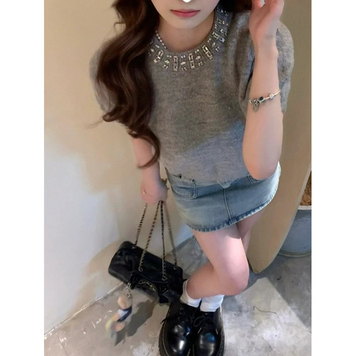 KANING Autumn miu strap diamond crew neck T-shirt women 2025 new loose knit top versatile short sleeve top