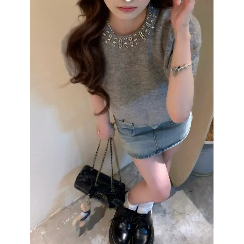 Kaning Autumn Style Miu Lace-Up Rhinestone Sweater Short-Sleeve T-Shirt for Women 2026 New Loose Knit Top Versatile Short Top