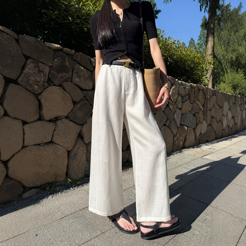 Anchen Linen Lyocell White 9/10 Length Wide-Leg Pants for Women, Thin Style, 2026 Summer High-Waisted Old Money Style Casual Pants