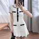 French Color Contrast Short Sleeve Knitted dress Polo Neck Single-breasted Pocket Skirt Slim-fit Slim Sweater Dress