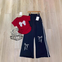 韩版时尚套装女夏季新款蝴蝶结印花设计感短袖高腰阔腿裤两件套潮