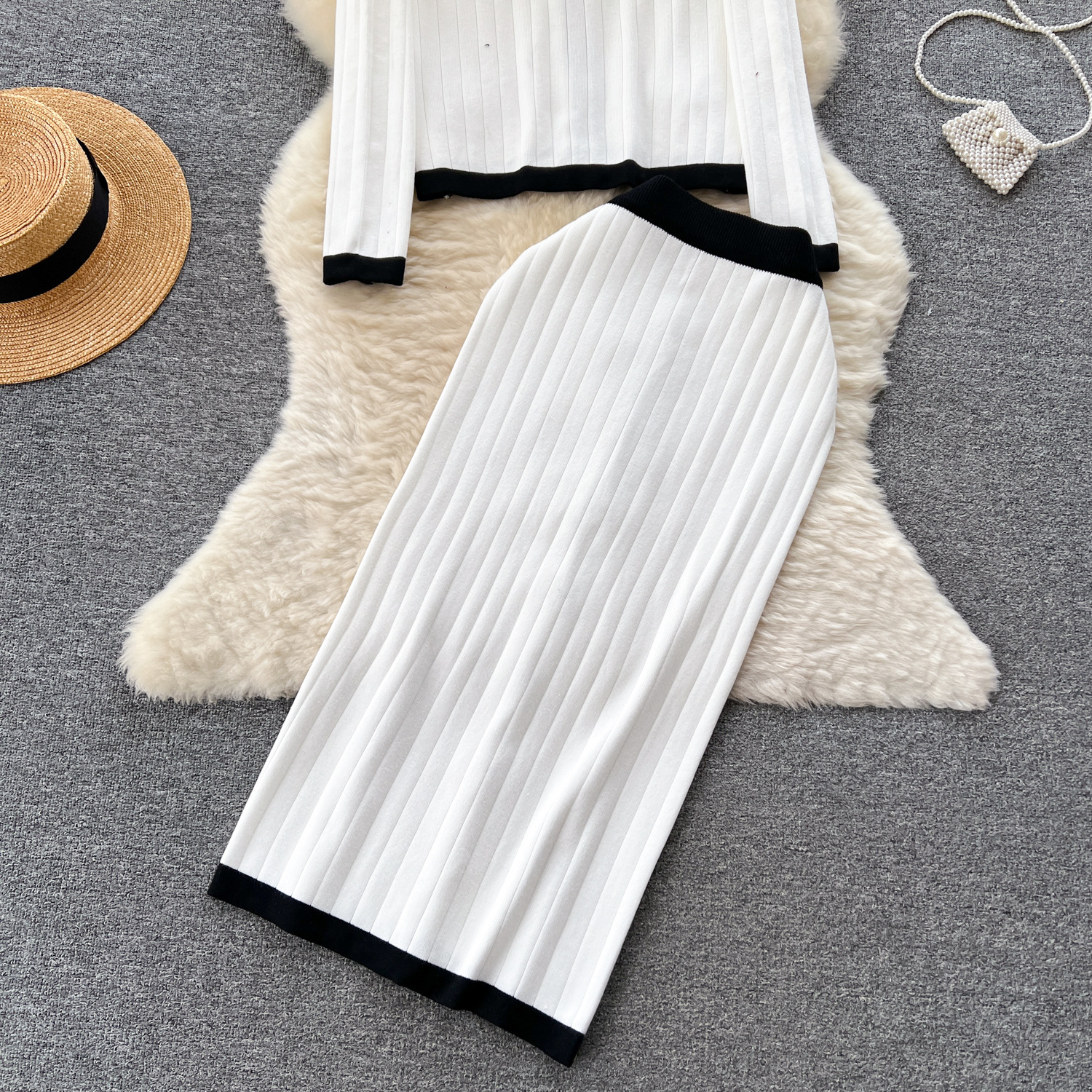 Damenbekleidung Rundhalspullover mit Metallknopf Damen neuer Pullover enger Hüftrock Herbst und Winter zweiteiliger Anzug_voghion.com