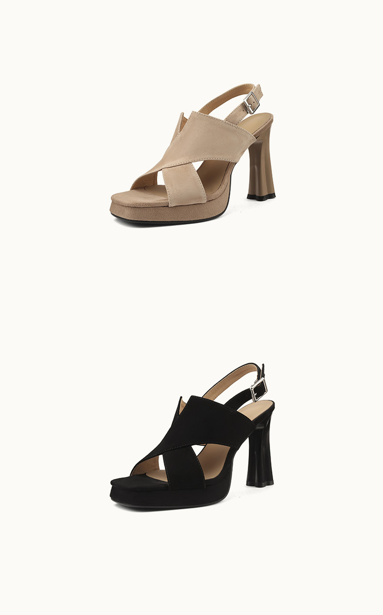 Sandal cao gót nữ hở mũi quai ngang phong cách La Mã, gót 11 cm, da cừu mờ — Màu đen, Màu mơ chi tiết 9