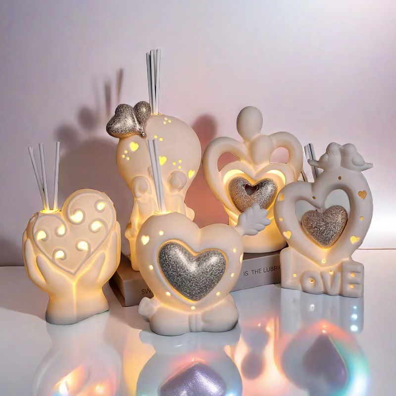 Cerámica creativa LED luz de noche fragancia luz ambiental creativa amor romántico botella de aromaterapia con varilla volátil decoración del hogar