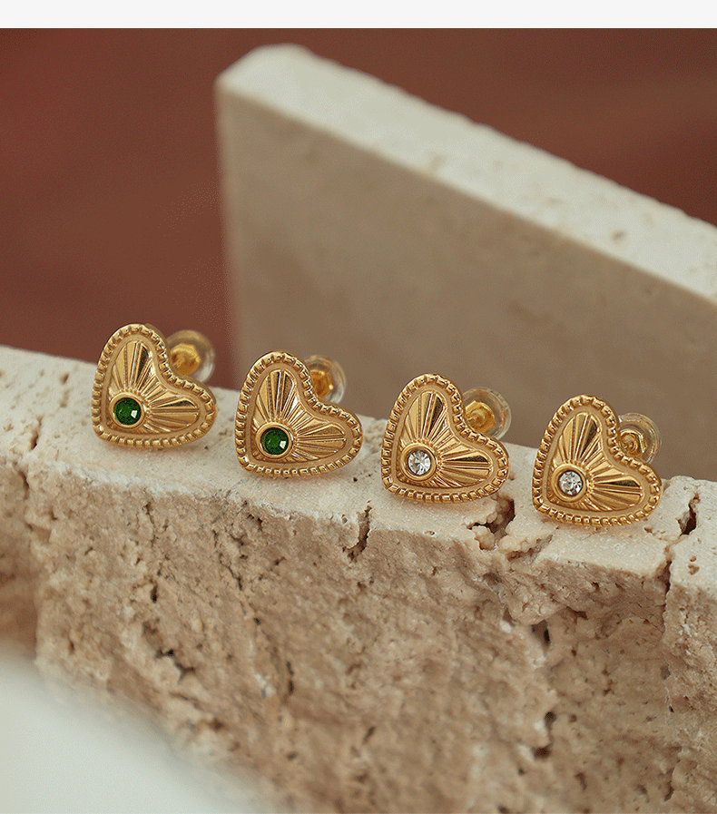 304 Stainless Steel Ear Needle Material 18K Gold Plated Plating Material 1 Pair Vintage Style Heart Shape Plating Titanium Steel Zircon 18K Gold Plated Ear Studs