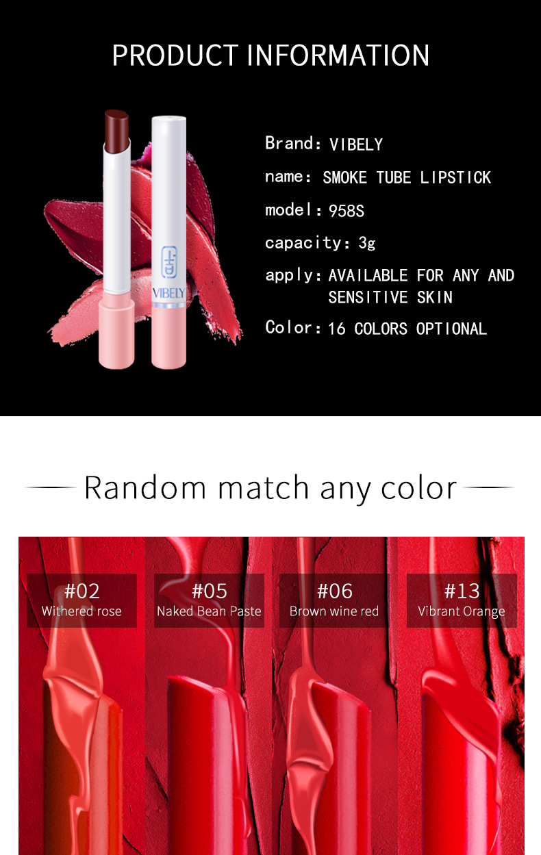 VIBELY export European and American matte non-stick cup cigarette tube lipstick, single small thin tube mini cigarette lipstick, pink undefined