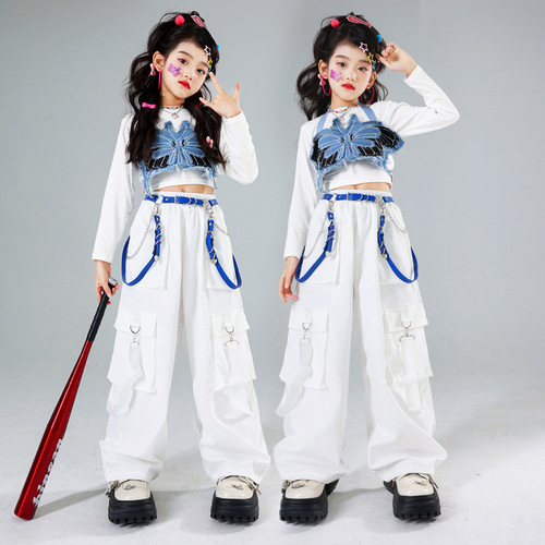 Girls street hip-hop performance costumes for boys girls rapper singers street dance outfits trendy hip-hop runway sets, jazz dance performance costumes