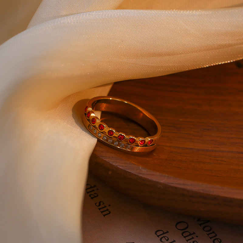 Red Diamond Inlaid Stainless Steel Ring