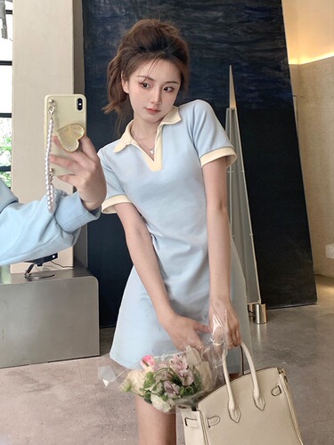 2025 Knit Casual Youthful Sweet Milk Waist-cinch Slimming Color-blocked Dress for Women Summer