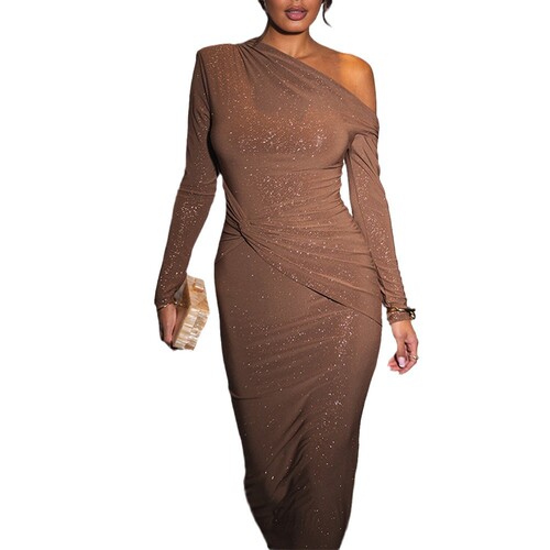2025 Autumn/Winter European and American Style Off-Shoulder Sequin Long Sleeve Elegant Pleated Formal Dress
