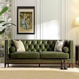 美式复古皮艺沙发客厅简约户型双三位沙发实木拉扣墨绿色组合沙发