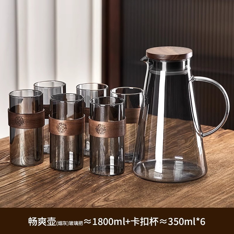 見栄えの良い家庭用コールドケトル冷水カップティーカップセット耐熱防爆高ホウケイ酸ガラス木製蓋大容量|undefined