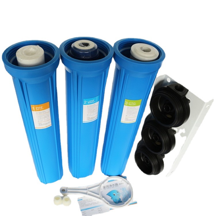 Purificador de agua de tres niveles de 20 pulgadas Filtro de torre de agua engrosada Filtro de tubería principal a prueba de explosiones Azul