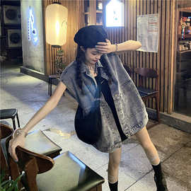 秋季工装牛仔马甲外套女韩版宽松中长款百搭大口袋无袖马夹上衣潮