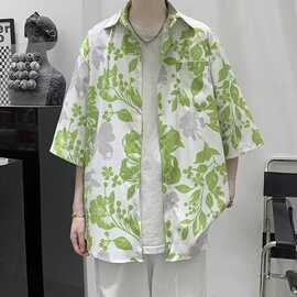 夏威夷印花衬衫男夏季款ins绿色清新设计感小众宽松薄款半袖衬衣