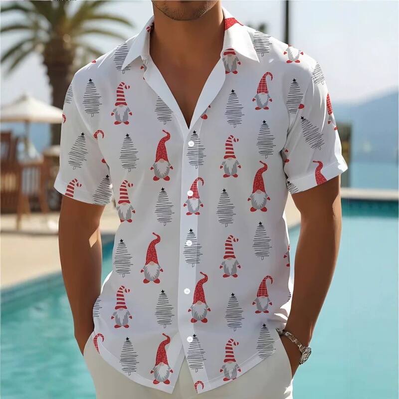 2026 European and American men's casual shirts, Christmas-themed casual 3D digital print short-sleeved shirts with a mandarin collar