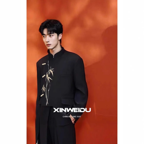 Shop Hot Selling 2025 Coat Collar Zhongshan Suit New Chinese Style National Style Green Bamboo Embroidery Wedding Engaged Boys