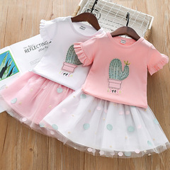 Girls' New Summer Thin Mesh Dress Two-Piece Set: Kids' Short-Sleeve T-Shirt with Embroidered Design + Short-Sleeve Skirt for Little Girls