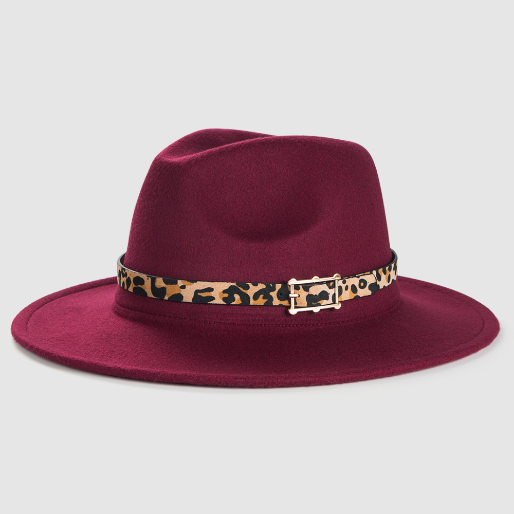 Cross-border British Retro Woolen Hats Leopard Print Leather Buckle Accessories Felt Hat Fashion Simple Big Brim Jazz Hat display picture 5