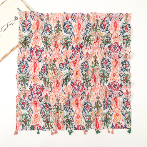 Spring and Autumn New Bali Gauze Fringe Retro Print Geometric Scarf Fashion Travel Sunshade Shawl Silk Scarf for Women