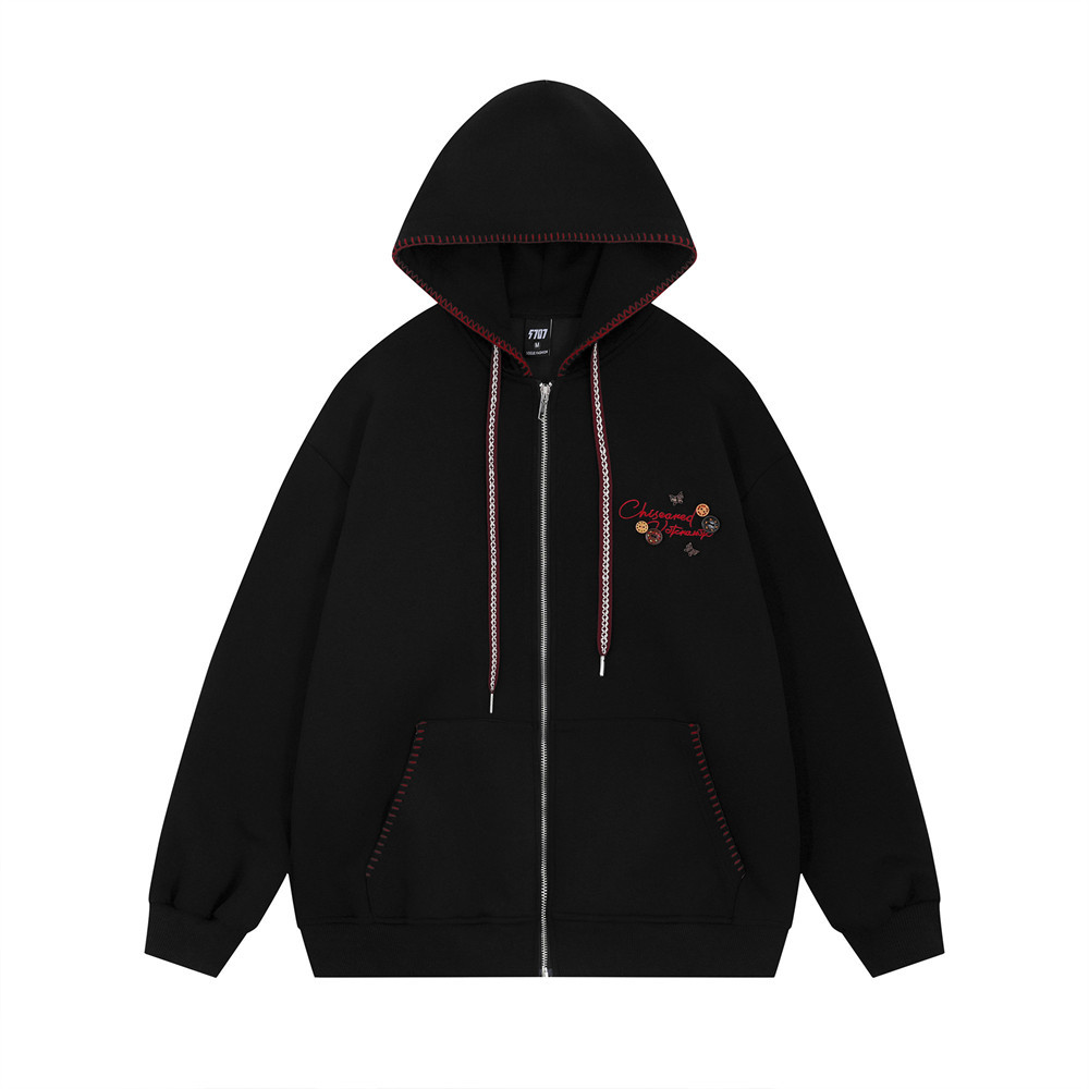 Unique Button Decoration Niche Hooded Cardigan Sweatshirt Trendy Brand Vibe Autumn Winter Men's Casual Loose Jacket_voghion.com