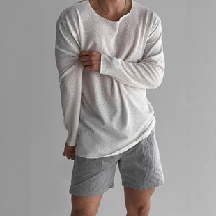 Lightweight and Breathable Round Neck Sun Protection Clothing Long-Sleeved Knitted T-Shirt Men's Summer American Style Casual Loose T-Shirt