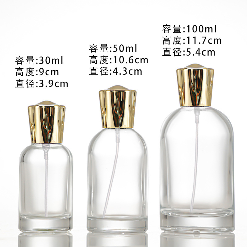 Botella de perfume puntual, material blanco de cristal transparente, botella de embalaje cosmético de vidrio, botella de relleno de perfume en aerosol de bayoneta, botella vacía