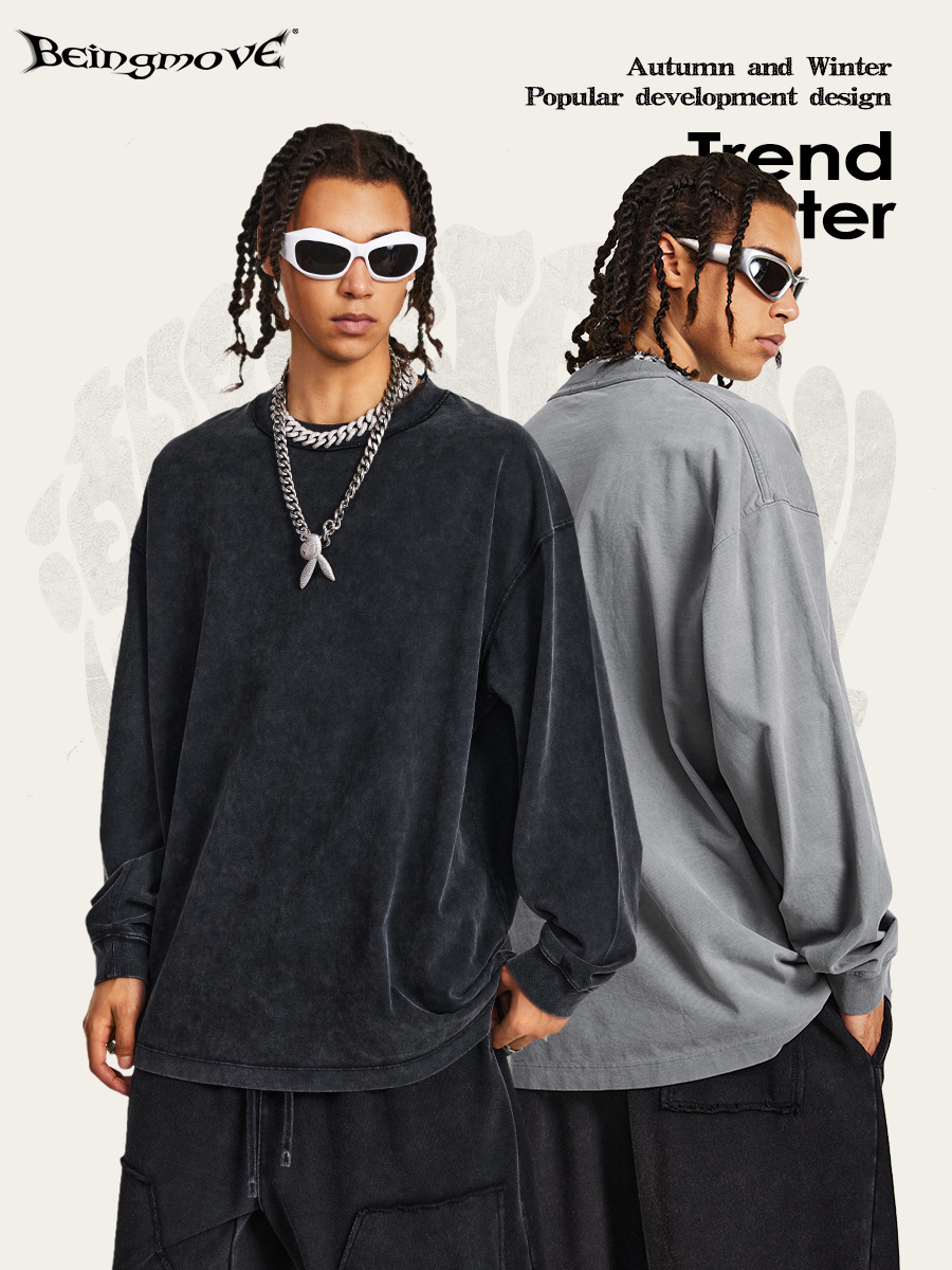 2025 otoño marca de moda retro calle lavado interior con camiseta de manga larga para hombre camiseta de base de color sólido comercio exterior