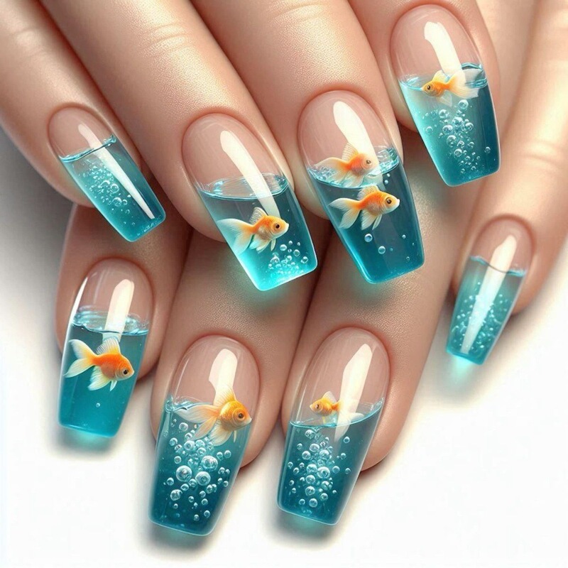 Cross-Border Hot Selling Ballet Nail Art Wearable Nail Blue Goldfish Bubble Nail Patch Fake Nail Tb68