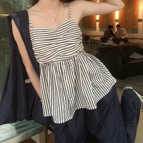 Korean-style new fashion set with color-block stripes tank top and women's summer high-waist slimming casual pants two-piece set