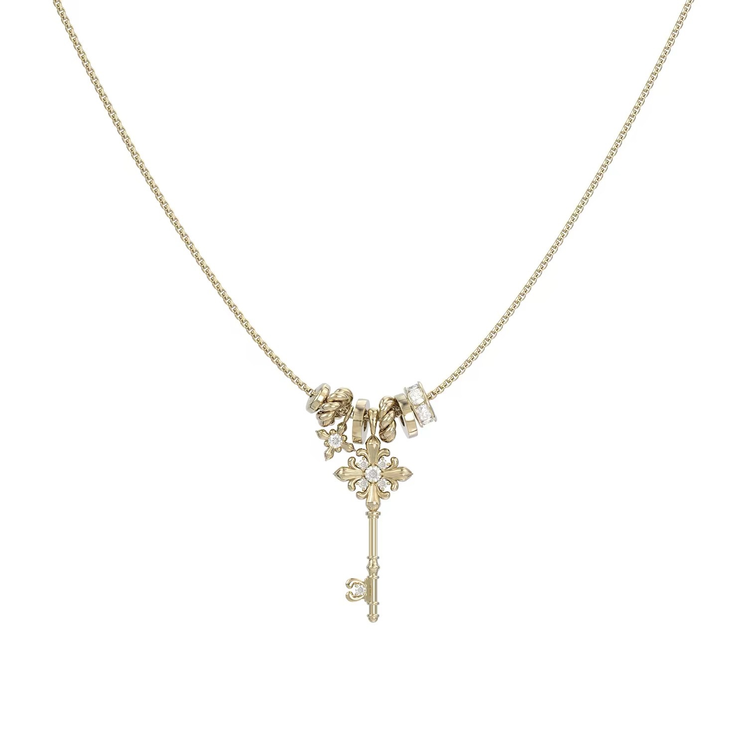 Three Horizontal Jewelry Pieces: Same Style as "Iris Key" Titanium Gold Round Key Chain, Light Luxury Clavicle Chain, Vintage Necklace