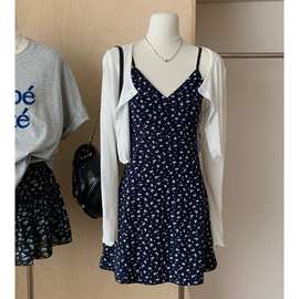 白色防晒开衫外套女夏季辣妹套装碎花吊带连衣裙收腰短裙子两件套