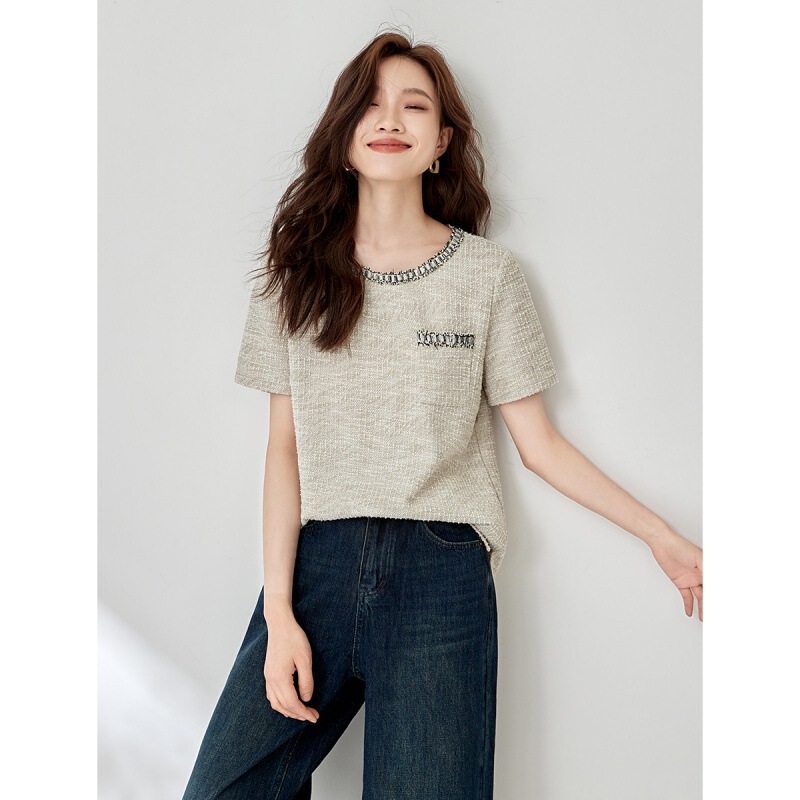 Summer 2024 New Style Chanel Style Ribbon Texture Short-sleeved Women's Seven Haomi No.6 Shop Exquisite Elegant All-match T-shirt