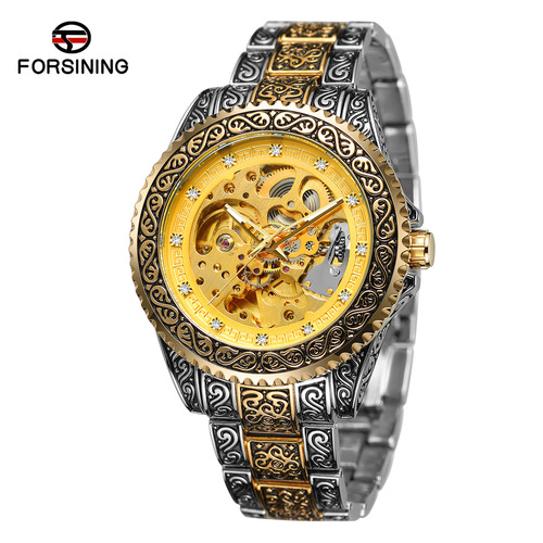 New forsining European and American style men's fashionable and casual hollow retro carved automatic mechanical watch