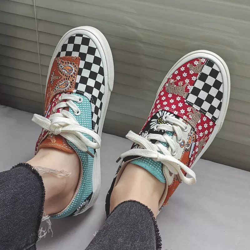 秋季2025新款拼色帆布鞋男腰果花潮流低帮板鞋复古鸳鸯情侣鞋批发